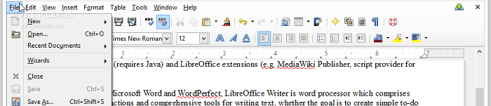 Showing the LibreOffice Writer file menu